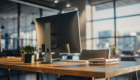 A modern and professional office desk featuring a computer monitor, keyboard, and mouse. A small green plant and a stack of books are also present on the wooden surface. In the blurred background, large windows overlook a city skyline, suggesting an open-plan contemporary workspace. Sunlight illuminates the scene.の素材