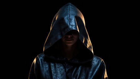 A person wearing a textured, dark hooded cloak stands against a completely black background. Dramatic lighting illuminates the contours of the garment, leaving the face mostly in shadow, conveying a sense of mystery and solemnity.の素材