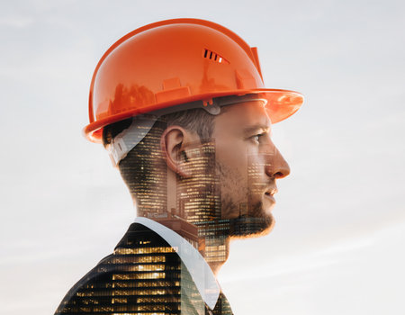 A striking composite visual featuring the profile of a professional man wearing an orange hard hat and a dark suit. His silhouette is layered with a vibrant cityscape, showcasing modern buildings with illuminated windows, suggesting an active urban environment. This powerful blend symbolizes the vision, planning, and dedication required for urban development, architecture, and engineering projects. It represents progress, innovation, and the future of metropolitan landscapes through the lens of a focused professional.の素材