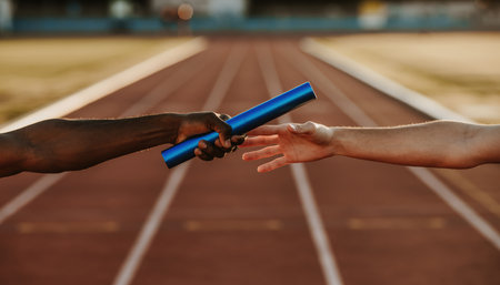 Two athletes hands, one with darker skin and one with lighter skin, are captured in motion as they exchange a blue baton during a relay race on a blurred brown running track. The scene highlights the critical moment of a baton pass, symbolizing cooperation and synchronized effort in athletic competition.の素材