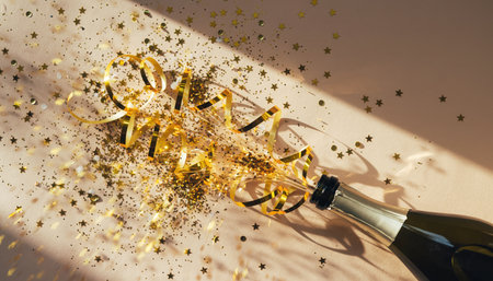 A vibrant overhead view captures a champagne bottle tilted on a light-colored surface, with a spectacular burst of golden confetti and glitter erupting from its mouth. The particles are scattered dynamically around the bottle, creating an exhilarating and festive atmosphere. A subtle shadow is cast across the surface, suggesting bright, direct lighting. This composition evokes feelings of joy, success, and special occasions, perfect for conveying celebration, luxury, and party moments.の素材