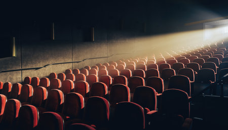 A dimly lit auditorium features rows of red seats, many appearing unoccupied. A powerful, focused beam of light, like a spotlight, shines from the upper right, cutting across the dark space and illuminating a section of the seating area. The scene evokes a sense of anticipation for a live performance, concert, presentation, or theatrical event. Useful for themes of entertainment, shows, conferences, and public gatherings.の素材