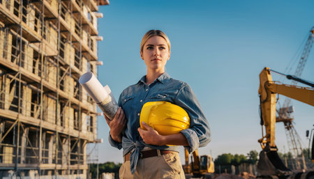 A female engineer stands confidently at a bustling construction site. She is holding a rolled-up blueprint in one arm and a yellow protective hard hat in the other. She wears a practical work shirt and trousers, suitable for the environment. Behind her, a multi-level building structure is actively being built, with visible scaffolding and unfinished floors. Construction equipment, including an excavator, can be seen to the right under a clear blue sky, emphasizing an active work environment focused on urban development and infrastructure.の素材