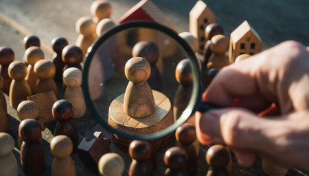 A hand holds a magnifying glass, focusing intently on a single wooden human-like figure amidst a large and diverse gathering of similar figures. The magnified figure stands out, symbolizing careful selection, individual identification, or the process of finding specific talent within a larger population. The various shades of wood among the figures suggest diversity and varied backgrounds.の素材