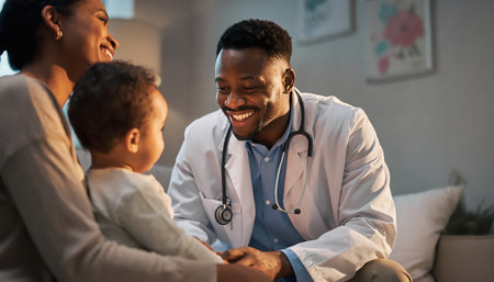 An African American male pediatrician, wearing a white lab coat and stethoscope, sits facing an African American mother and her young toddler. The doctor is smiling warmly and making eye contact with the child, who is seated on the mothers lap. The mother also smiles, looking at the interaction with a reassuring expression. The scene conveys a sense of comfort, trust, and professional care during a pediatric consultation. The indoor setting appears bright and welcoming, highlighting the positive interaction between the healthcare provider, the child patient, and the parent.の素材