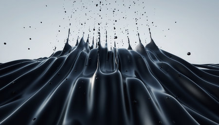 A close-up depiction of ferrofluid reacting to a magnetic field, forming sharp, dark spikes and undulating waves. The reflective, dark liquid stands out against a pristine, light gray backdrop, highlighting the intricate details and textures created by this scientific phenomenon. Small particles or droplets are visible erupting from the main mass, adding a sense of motion and energy. This visual represents complex fluid dynamics and the fascinating properties of magnetic materials. It conveys themes of innovation, research, and scientific exploration.の素材