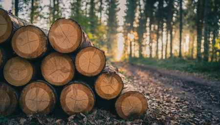 A close-up view of stacked, freshly cut logs resting on the ground in a forest. The background shows a winding woodland path leading into a dense stand of trees, bathed in the warm, golden light of the setting sun. Sunrays stream through the foliage, creating a peaceful and natural ambiance.の素材