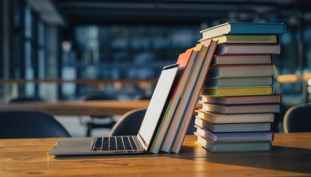 A contemporary silver laptop is open on a warm wooden desk, positioned beside a tall, colorful stack of various books. The background is softly blurred, indicating an indoor study or professional environment, highlighting a blend of traditional learning resources with modern technology.の素材
