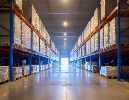 A vast indoor storage area featuring multiple levels of industrial shelving packed with wrapped items and boxes. A bright opening is visible at the end of the long aisle, suggesting an exit or loading dock. The concrete floor reflects light, emphasizing the scale of the facility.の素材
