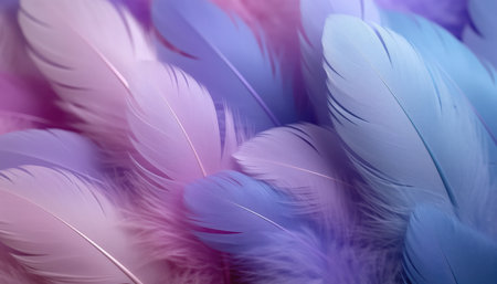 A close-up view of numerous soft feathers dyed in gentle pastel shades of pink, purple, and blue. Some feathers exhibit a subtle shimmering or glittery texture, creating a delicate and inviting pattern.の素材