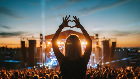 A vibrant outdoor music concert scene at twilight, with a silhouette of an individual in the foreground making a heart shape with their hands. They stand amidst a large, energetic crowd, all facing a brightly illuminated stage adorned with numerous light arrays. The sky displays a beautiful gradient of orange and blue hues.の素材
