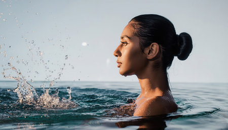 A young woman, seen in profile, is partially submerged in crystal-clear blue ocean water. Water splashes dynamically to her left, indicating movement. The bright sky forms a serene background, suggesting a sunny summer day of relaxation and well-being.の素材