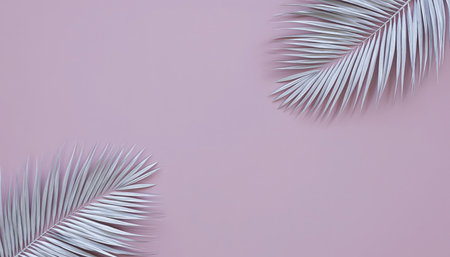 Two silver-frosted evergreen branches are artfully arranged on a minimalist pastel purple surface. This clean, top-down composition evokes a serene winter, holiday, and festive atmosphere, perfect for seasonal designs and celebrations.の素材