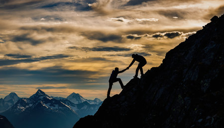A scenic depiction of two individuals mountaineering a rugged peak. One person extends a helping hand to assist their partner in ascending the steep terrain. The scene is set against a vibrant, cloudy sky, hinting at either sunrise or sunset, with distant mountains visible. This powerful visual represents concepts of teamwork, mutual support, challenge, and determination in the face of adversity, suggesting perseverance and shared achievement.の素材