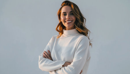 A confident female professional with a warm smile and crossed arms poses in a studio setting. She wears a white blouse and has wavy brown hair, looking directly at the camera against a simple, bright backdrop.の素材