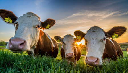 Three inquisitive cows, including a smaller bovine, stand in a vibrant green pasture, peering directly towards the viewer. The background features a warm golden hour sky, casting a beautiful glow over the rural landscape.の素材