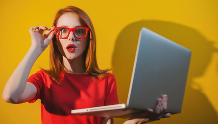 A vibrant portrait of a young woman with striking red hair, wearing a bright red t-shirt and distinctive heart-shaped red glasses. She holds an open silver laptop in one hand while her other hand adjusts her eyewear. Her expression is one of engaged surprise or focused attention, with her lips slightly parted. The background is a solid, cheerful yellow, providing a bold contrast to her red attire and hair. This scene conveys energy, creativity, and modern interaction with technology, suitable for concepts related to online learning, communication, or casual tech use.の素材