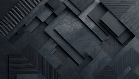 A sophisticated dark gray background composed of interlocking geometric shapes. Rectangular and square elements with textured surfaces create a modern, structured visual. Subtle variations in tone and fine line patterns add depth, making it suitable for technology, business, or industrial design applications.の素材