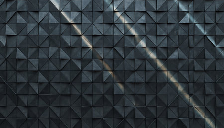 This detailed close-up presents a sophisticated dark geometric textured surface. The pattern consists of numerous small, uniformly arranged three-dimensional squares or pyramidal shapes, creating a captivating relief effect. Diagonal beams of natural light traverse the surface, casting dynamic shadows and illuminating the subtle metallic sheen of the material. This interplay of light and shadow highlights the intricate details and adds depth to the overall composition. The contemporary design evokes a sense of modern architecture, industrial elegance, or an abstract background, suitable for various professional design applications.の素材