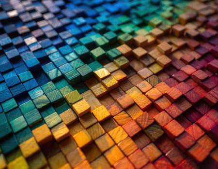 A close-up view of a textured surface composed of numerous small, raised, square-shaped blocks. The blocks display a rainbow-like color gradient, transitioning from cool blues and greens to warm yellows, oranges, and reds across the surface. This pattern creates an engaging visual effect, suggesting depth and a digital aesthetic, suitable for various design applications.の素材