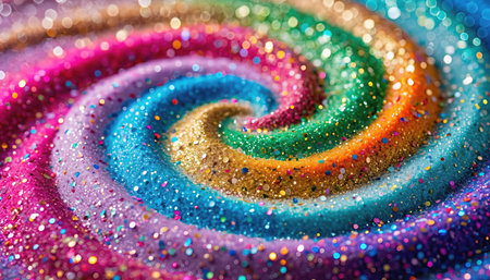 This visually striking composition features a mesmerizing spiral pattern rendered with a sparkling, glittery texture. A vibrant spectrum of colors, including various shades of pink, purple, blue, green, yellow, orange, and red, radiates outwards from the center, creating a dynamic and energetic visual. The shimmering particles catch the light, adding depth and a festive feel to the abstract design. This versatile background evokes feelings of joy, celebration, and wonder, perfect for creative projects or adding a touch of sparkle.の素材
