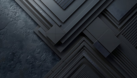 This captivating visual presents a complex interplay of dark geometric forms and contrasting textures. A dominant feature is the layered arrangement of angular, metallic-looking panels, creating a sense of depth and three-dimensionality. These sleek, reflective surfaces are rendered in various shades of deep grey and black, suggesting advanced materials or circuitry. Adjacent to these precise, modern structures is a rugged, concrete-like surface, introducing an organic, industrial contrast. The interplay of smooth, defined lines and rough, granular textures evokes a contemporary, tech, or architectural aesthetic, suitable for various digital and print applications requiring a sophisticated, professional backdrop.の素材