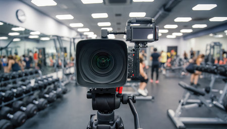A professional video camera on a tripod is positioned in the foreground, facing directly towards the viewer. The cameras lens is prominent and in sharp focus. In the blurred background, a well-lit gymnasium or fitness center is visible with multiple individuals engaging in various exercises, using workout machines and weights. Mirrors line the walls, and a clock is visible in the distance. The scene suggests media production or content creation within a health club environment.の素材