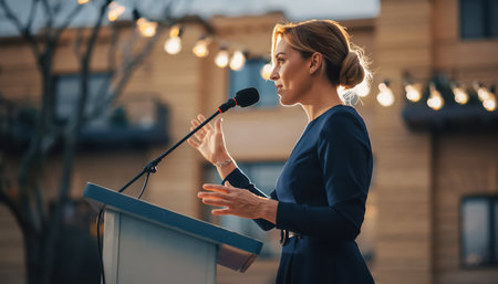 A professional woman, wearing a dark, elegant dress, stands confidently at a podium with a microphone, passionately delivering a speech or presentation. Her expressive hand gestures emphasize her points, engaging an an audience. The scene unfolds outdoors, possibly on a patio or event space, with a warm, golden hour glow highlighting her hair from behind. String lights, blurred in the background, suggest an evening gathering or celebratory event, creating a sophisticated and inviting atmosphere. Architectural elements of buildings are subtly visible in the soft-focus background, adding depth to the urban or semi-urban setting. This visual conveys communication, leadership, and public engagement.の素材