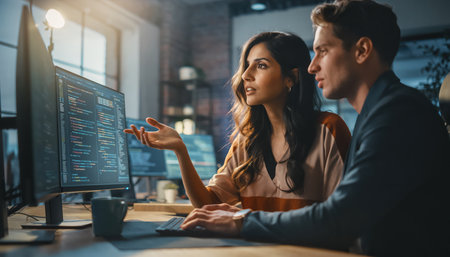 A focused male and female professional are engaged in a collaborative discussion while looking intently at a computer monitor. The screen prominently displays complex digital data, possibly code, a network diagram, or analytical information, indicating a technical project. The woman gestures towards the screen, actively participating in the conversation, while the man intently observes the content. They are seated at a contemporary desk in a well-lit office or tech workspace, suggesting a productive and innovative work environment focused on technology and problem-solving. The scene conveys teamwork, communication, and expertise in a professional setting.の素材