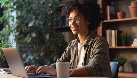 A smiling young Black woman with curly hair and glasses is seated at a wooden desk, actively typing on a silver laptop. A white mug sits beside the computer. The background features lush green foliage visible through a window on the left and a bookshelf with books and decorative items on the right, suggesting a comfortable home office or remote workspace. She looks focused and content while engaged in her task.の素材