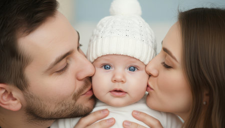A close-up of a content infant in a white knitted hat with bright blue eyes, being tenderly kissed on both cheeks by a loving mother and father. The background is softly blurred, emphasizing the warm family connection and affection.の素材