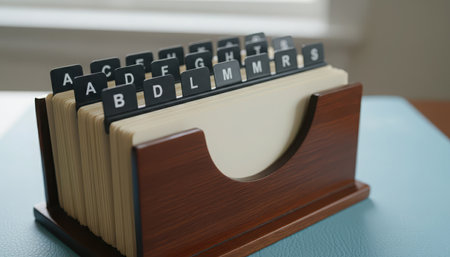 A close-up view of a classic wooden index card file organizer. It contains a stack of off-white cards separated by black alphabetical dividers, visible from A to Z. The practical accessory sits on a light blue surface, against a softly blurred background.の素材