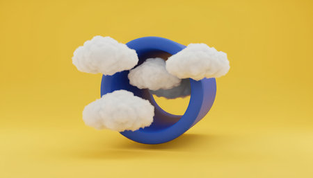 This abstract composition features a vivid blue circular form, housing and encircled by pristine white clouds. The vibrant yellow backdrop emphasizes the minimalist and playful nature of the 3D illustration.の素材