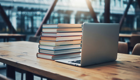A close-up view of an open laptop positioned beside a tall stack of various books and journals on a rustic wooden table. The natural light from a window or skylight casts a bright glow, highlighting the surfaces. The background is softly blurred, showing an indoor contemporary setting with subtle architectural elements, suggesting a cafe, library, or shared workspace. This scene evokes themes of education, studying, knowledge acquisition, professional work, and the integration of digital and traditional learning resources. The composition emphasizes focus and a quiet atmosphere conducive to concentration.の素材
