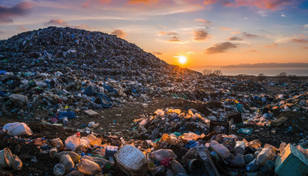 A vast landfill stretches into the distance, dominated by a towering mountain of discarded plastic waste under a dramatic sunset sky. The scene vividly illustrates severe environmental pollution and the global challenge of waste management.の素材