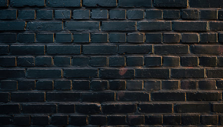 This detailed horizontal view captures a dark brick wall with a rugged and weathered appearance. The individual bricks are deep charcoal or black, presenting a stark, textured surface. Light subtly catches the raised edges and imperfections, highlighting the rough masonry and uneven mortar lines. The surface features a fine speckled effect, suggesting dust, slight moisture, or a distressed finish, contributing to a raw, industrial, or urban aesthetic. This robust architectural element serves as an excellent backdrop for various creative projects, conveying a sense of strength, history, and gritty charm. It embodies a robust, aged construction material, perfect for conveying an authentic urban environment or a foundational element.の素材
