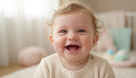 A close-up portrait captures a cheerful baby with curly blonde hair. The infants face is illuminated by bright, natural light, highlighting rosy cheeks and wide-open eyes. The baby is mid-laugh, mouth open in a genuine expression of happiness and wonder. A subtle dimple appears on the left cheek. The background is softly blurred, revealing a warm, inviting room, possibly a nursery or childs bedroom, with hints of light-colored furniture and textiles, suggesting a peaceful home environment. The focus is entirely on the babys joyful expression, conveying innocence and warmth. The baby wears a comfortable, light-colored knitted top.の素材