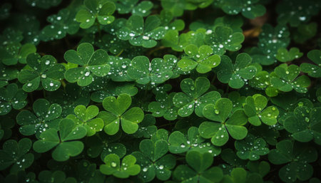 A dense close-up view of numerous small, deep green leaves forming a lush ground cover. The foliage is covered with glistening water droplets, suggesting dew or recent rain. The natural lighting emphasizes the freshness and organic feel of the vegetation, creating a rich, textured pattern across the entire frame. This visual can serve as a natural background or an element depicting growth and natural beauty.の素材