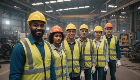 A diverse team of six industrial workers, dressed in bright safety vests and hard hats, stand confidently in a bustling manufacturing facility. The lead worker smiles directly at the viewer, while colleagues stand behind him amidst machinery and structural beams.の素材