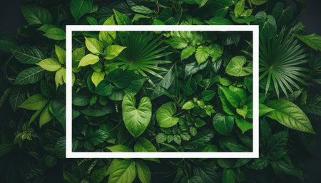 A vibrant close-up of various green leaves forming a dense, lush background. Many leaves are adorned with small water droplets, conveying a sense of freshness and vitality. A clean, minimalist white rectangular frame is positioned centrally over the foliage, creating a design element that highlights the natural beauty. The composition evokes themes of growth, environment, and organic design, suitable for banners, presentations, or digital concepts.の素材