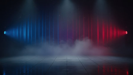 An empty, dark stage floor is dramatically lit by two powerful spotlights. One casts a striking blue hue from the left, while the other emits a rich red glow from the right. A dense, swirling haze fills the space, catching the light and creating an immersive, energetic ambiance. The concrete surface beneath reflects the intense colors, adding depth to the scene.の素材