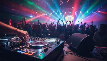 A DJ performs in the foreground, with their hand on a turntable mixer. The scene is set inside a dark, energetic nightclub or music venue. In the background, a large crowd of people are silhouetted, hands raised, enjoying the event. Bright, colorful beams of red, blue, and green laser lights illuminate the space from above, creating a dynamic and festive atmosphere. Speakers are visible near the DJ booth. This captures a vibrant party or concert experience.の素材