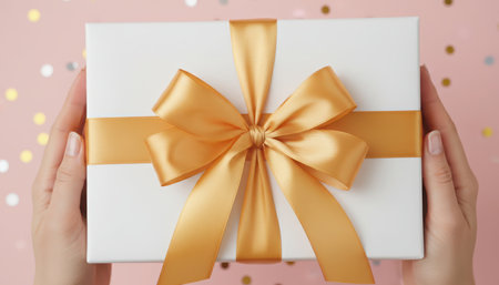 A persons hands gently hold a neatly wrapped white present box, tied with a luxurious golden satin ribbon and bow. The gift rests on a soft pink surface adorned with sparkling golden confetti or glitter. This composition evokes feelings of celebration, generosity, and special occasions.の素材