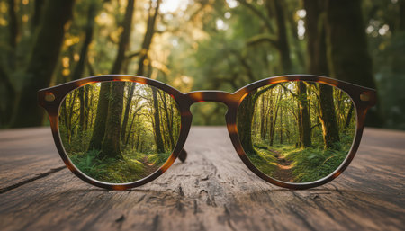 A close-up shot of a pair of tortoiseshell sunglasses resting on a rustic wooden surface. The lenses reflect a vibrant green forest scene with tall trees and dappled sunlight, creating an immersive natural perspective. The background is a soft-focused woodland, complementing the reflection. This scene evokes themes of nature, travel, summer, and outdoor adventures, perfect for illustrating vision, discovery, and connection with the environment.の素材