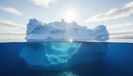 A grand iceberg drifts in the deep blue ocean, illuminated by bright sunlight. Its colossal form is visible both above the waters surface and glowing beneath, showcasing the hidden depths of the ice formation in the cold, clear sea.の素材
