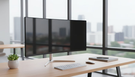 A modern, unoccupied office desk features dual computer monitors, a keyboard, and a small green plant. Expansive windows frame a blurred cityscape in the background, defining a contemporary and productive workspace.の素材