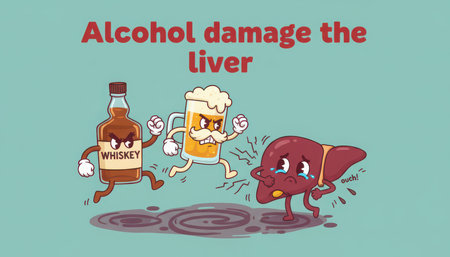 A vibrant cartoon illustration shows an anthropomorphic bottle of alcohol and a beer glass, both with angry expressions, aggressively running towards a frightened human liver. The liver displays visible signs of deterioration as dark specks fly off it. The scene conveys the serious detrimental effects of alcohol consumption on liver health, with a clear message about the risks.の素材