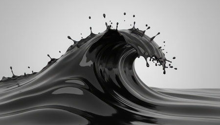 A dramatic, dark viscous liquid wave cresting with intricate splashes and droplets. The heavy, dense fluid, resembling crude oil or tar, is captured in dynamic motion against a clean, plain background, emphasizing its texture and form.の素材