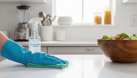 A persons gloved hand is shown actively cleaning a bright, modern kitchen countertop. A blue protective glove covers the hand, which uses a green scrubbing sponge to wipe the white surface. A spray bottle stands nearby, suggesting the use of a cleaning agent. In the background, a window, a blender, and a wooden bowl of salad are visible, creating a tidy domestic scene.の素材