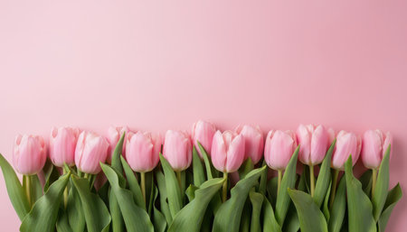 A horizontal composition features a vibrant row of fresh pink tulips with their green stems and leaves, set against a soft, uniform pastel pink background. The perspective is a top-down, flat lay, showcasing the delicate petals and neat arrangement. Abundant blank space above the floral border provides excellent room for text, graphics, or branding. This clean and elegant design evokes feelings of spring, freshness, beauty, and celebration, making it ideal for various design applications such as greeting cards, event invitations, social media banners, or general decorative elements. The gentle color palette creates a serene and inviting aesthetic.の素材